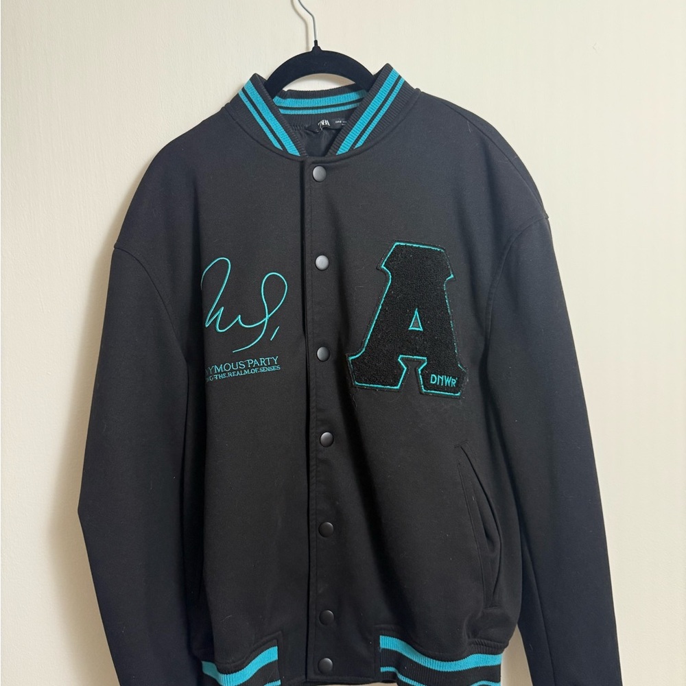 ZARA Black Varsity Jacket with Teal Accents
